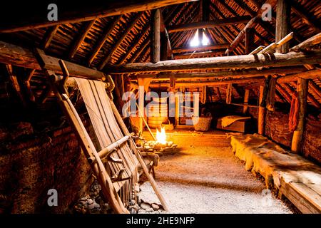 Recréation d'une maison Viking long au lieu historique national de l'Anse aux Meadows, Great Northern Peninsula, Terre-Neuve, Canada. Banque D'Images