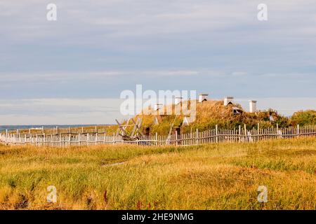 Maison Viking long au lieu historique national de l'Anse aux Meadows, Great Northern Peninsula, Terre-Neuve, Canada. Banque D'Images