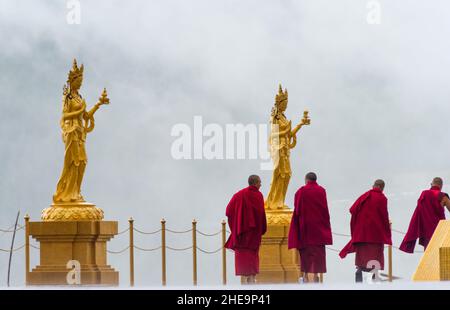 Monk regardant des statues au Grand Bouddha Dordenma, Thimphu, Bhoutan Banque D'Images