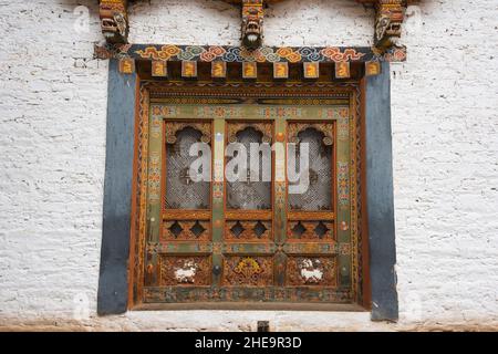 Gros plan de la fenêtre à Punakha Dzong, Punakha, Bhoutan Banque D'Images
