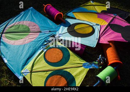 Sankranti kites patang vol à l'extérieur.Cerfs-volants colorés pendant le festival de cerf-volant.Fête du Makar sankranti.Cerfs-volants au sol Banque D'Images