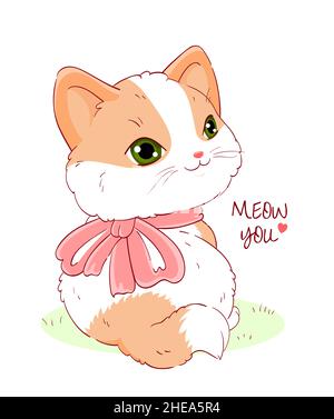 Jolie carte de Saint-Valentin style kawaii.Joli petit chat orné d'un noeud rose.Inscription Meow vous.Peut être utilisé pour l'impression de t-shirt, les autocollants, les cartes de vœux des Illustration de Vecteur