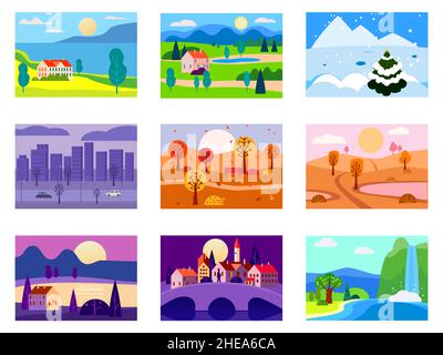 Collection de saisons paysages hiver, printemps, été, automne.Rural, montagne, champ, ville, mer,neige, chaud, pluie, nuit.Vector minimaliste plat Illustration de Vecteur