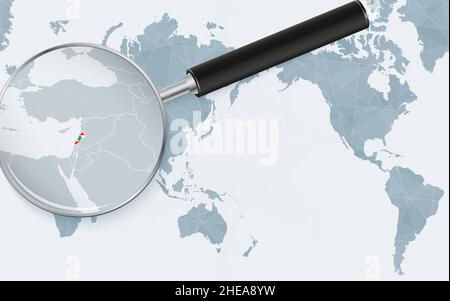 Carte du monde centrée sur l'Asie avec un verre agrandi sur le Liban.Concentrez-vous sur la carte du Liban sur la carte du monde centrée sur le Pacifique.Illustration vectorielle. Illustration de Vecteur