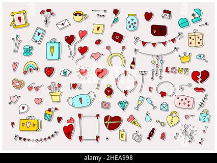 Set de jour Big Doodle pour la Saint-Valentin. Symbole d'amour dessiné à la main isolé sur fond blanc. Cartes de voeux mignons, enveloppes, cadeaux, accessoires avec coeurs. BA Illustration de Vecteur