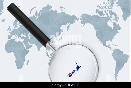 Carte du monde centrée sur l'Asie avec verre agrandi sur la Nouvelle-Zélande.Concentrez-vous sur la carte de la Nouvelle-Zélande sur la carte du monde centrée sur le Pacifique.Illustration vectorielle. Illustration de Vecteur