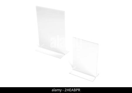 Écran de bureau transparent vertical isolé sur fond blanc.Bannière publicitaire.Modèle de maquette.Vue avant.Porte-menu de chevalet T Banque D'Images