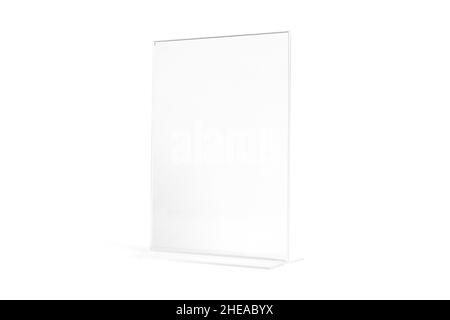 Écran de bureau transparent vertical isolé sur fond blanc.Bannière publicitaire.Modèle de maquette.Vue avant.Porte-menu de chevalet T Banque D'Images