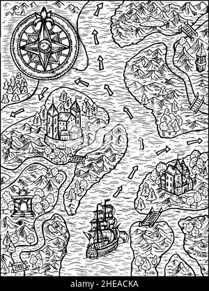 Illustration en noir et blanc de l'ancienne carte des pirates de la chasse au Trésor avec voilier, boussole et terre inconnue.Dessins vintage de vecteur nautique, marine Illustration de Vecteur