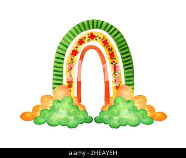 Aquarelle peinture adorable arc-en-ciel puéril avec des nuages.Taches de soleil vertes, jaunes et orange.Affiche de bébé, douche de bébé ou carte d'annonce de naissance de bébé Banque D'Images