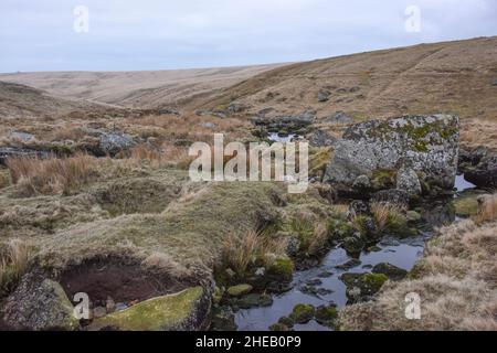 Rivière Avon, Dartmoor, parsemée de rochers, par un jour couvert Banque D'Images