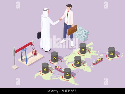 Des partenaires commerciaux qui se secouent la main.Négociations avec l'homme d'affaires arabe pour l'approvisionnement en pétrole, illustration isométrique à vecteur plat. Illustration de Vecteur