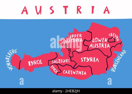 Carte stylisée vectorielle dessinée à la main des régions autrichiennes.Illustration de voyage.Illustration de la géographie de la République d'Autriche.Elément de carte Europe Illustration de Vecteur