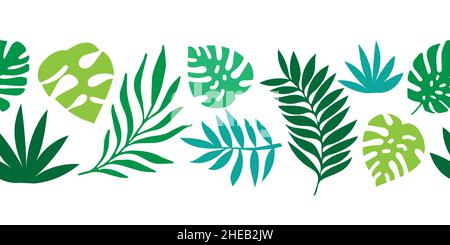 Le palmier tropical laisse une bordure vectorielle sans couture.Nature exotique plat répétition de motif.Fleurs de la jungle.Monstera, Philodendron et feuille de palmier Areca.Pour Illustration de Vecteur