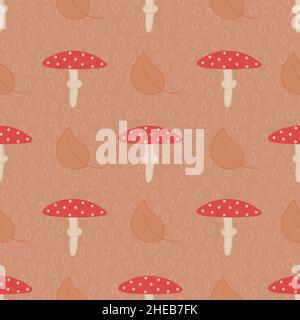 Motif de champignons sans couture Amanita avec feuilles et gouttes de pluie sur fond beige. Illustration de Vecteur