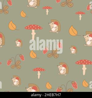 Motif sans couture avec hérissons, champignons et fraises sur fond kaki. Illustration de Vecteur