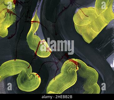 Algues, coraux.Des pistes lumineuses futuristes aux vagues d'aquarelle jaune-gris.Effet des lignes en spirale lumineuses brillantes.Des particules d'or magiques dorées et étincelantes.Design pour l'impression, le tissu, l'affiche, le papier peint, la couverture et l'emballage. Banque D'Images