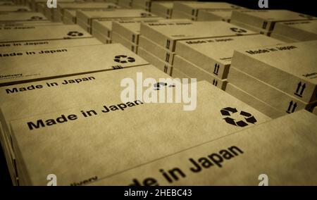 Fabriqué au Japon chaîne de production de boîtes au Japon.Fabrication et livraison PRC.Usine de produits et exportation.Résumé concept 3D illustration du rendu. Banque D'Images