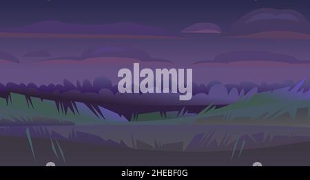 Paysage rural de nuit.Vue sur les champs et les collines de la ferme.Motif dessin animé de style plat.Belle scène suburbaine sombre.Vecteur Illustration de Vecteur