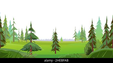 Forêt de conifères.Pins et épinettes sur la Glade.Isolé sur fond blanc.Illustration horizontale sans couture dans un design plat de style dessin animé.Vecteur Illustration de Vecteur