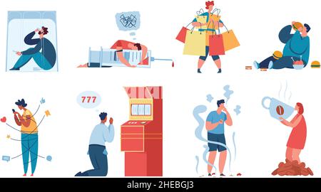 Les personnages avec des dépendances et de mauvaises habitudes, les gens qui fument ou qui boivent.Caractère accro au jeu, à la nourriture et à la caféine addiction vecteur ensemble.Homme et femme ayant des problèmes de drogue et de médias sociaux Illustration de Vecteur