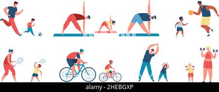 Activité sportive en famille, les parents et les enfants font de l'exercice ensemble.Père et fils jouant au football, vélo d'équitation, famille active ensemble vectoriel.Maman, papa et fille pratiquant le yoga, ayant des loisirs Illustration de Vecteur