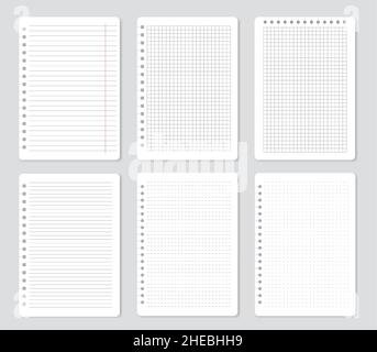 Pages de bloc-notes carrées, feuilles de papier à lignes, papier à lettres.Bloc-notes d'école avec lignes ou points, papier mémo vierge, bloc-notes vectoriel.Éléments de rappel ou de journal pour la rédaction d'informations Illustration de Vecteur