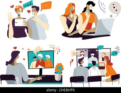 Personnes qui discutent en ligne et à l'aide d'une application vidéo Illustration de Vecteur