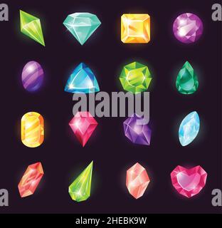 Pierres précieuses de dessin animé, cristaux magiques, pierres précieuses, pierres précieuses.Pierres magiques brillantes pour la conception de jeu, bijou de diamant, bijoux cristal ensemble de vecteur.Objets multicolores de formes différentes pour le jeu gui Illustration de Vecteur