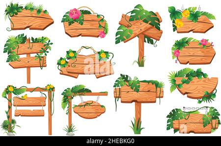 Planches de bois de jungle de dessin animé avec des feuilles tropicales, des fleurs et des lianes.Panneau suspendu en bois, panneau vide, ensemble de vecteurs de signes trop grands.Flèches droite, gauche avec direction de la route, croix d'avertissement Illustration de Vecteur