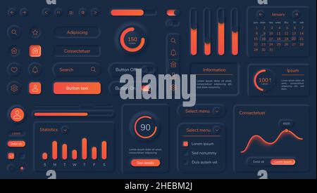 Éléments d'interface utilisateur neumorphe foncé avec boutons et barres au néon.Tableau de bord de style neumorphe noir, kit d'interface utilisateur d'application mobile Vector Set.Différents graphiques, modèle de statistiques hebdomadaires Illustration de Vecteur