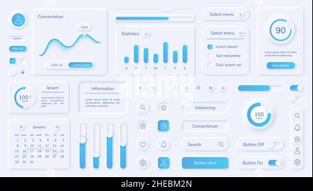 Éléments d'interface utilisateur Neumorphic, kit de conception d'interface utilisateur pour applications mobiles.Boutons, barres, curseurs dans le style de neumorphe pour le site Web ou tableau de bord vecteur ensemble.Menu avec différents composants minimaux Illustration de Vecteur