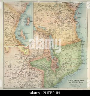 Afrique de l'est portugaise et Afrique de l'est allemande carte 1885 avec les inscriptions des missions du livre « l'histoire des universités » Mission en Afrique centrale, 1859-1898 » par Anne Elizabeth Mary Anderson Morshead, Universités' Mission en Afrique centrale 1899 Banque D'Images