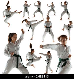 Collage.Jeune fille sportive, adolescent, entraînement d'athlète taekwondo isolé sur fond blanc.Concept du sport, de l'éducation, des compétences Banque D'Images