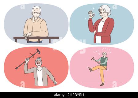 Concept de routine et de situations de la vie.Ensemble de personnes âgées matures hommes et femmes grands-parents montrant le signe ok jouant avec bâton souriant et sentiment furieux illustration de vecteur Illustration de Vecteur
