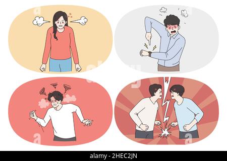 Colère rage et furieuses émotions concept.Ensemble d'hommes et de femmes se sentent furieux et agressif pointant à la montre montrant des poings et ayant scandale avec l'illustration de vecteur ami Illustration de Vecteur