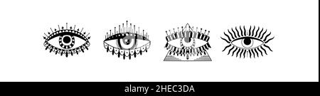 Ensemble de symboles œil-de-vue maléfique.Emblème mystique occulte, tatouage graphique.Signe ésotérique alchimie, style décoratif, vue de la providence. Illustration de Vecteur
