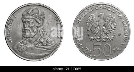 50 zloty polonais zł Mieszko I coin sur fond blanc isolé Banque D'Images