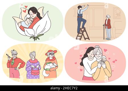 Concept d'assistance pour les personnes âgées heureuses.Ensemble de personnes mûres souriantes grands-parents embrassant les petits-enfants ayant l'aide des travailleurs se sentant le soutien et l'amour porter des vêtements mode illustration vectorielle Illustration de Vecteur