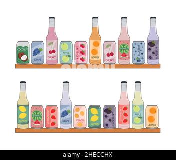 Ensemble de boissons non alcoolisées dans des canettes en aluminium avec soda et limonade sur la tablette.Eau non alcoolisée gazéifiée aux fruits et aux baies.Vecteur dessiné à la main il Illustration de Vecteur