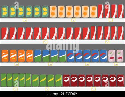 Ensemble de boissons non alcoolisées dans des canettes en aluminium avec soda sur les étagères du supermarché.Eau gazéifiée sans alcool aux saveurs différentes.Vecteur illu tracé à la main Illustration de Vecteur