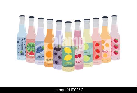 Ensemble de boissons non alcoolisées dans des bouteilles de verre avec soda et limonade.Eau non alcoolisée gazéifiée aux fruits et aux baies.Illustration vectorielle dessinée à la main Illustration de Vecteur