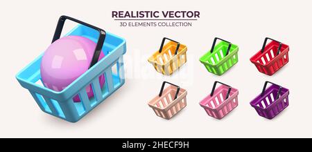 Collection de charrettes à provisions luisantes volantes dans différentes couleurs isolées sur fond blanc.Vider les paniers.Pour les applications mobiles.Illustration vectorielle Illustration de Vecteur