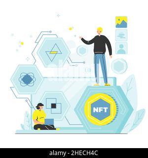 Artiste NFT vendant des œuvres d'art numériques au collectionneur d'art pour la crypto-monnaie, illustration vectorielle.Technologie NFT blockchain. Illustration de Vecteur