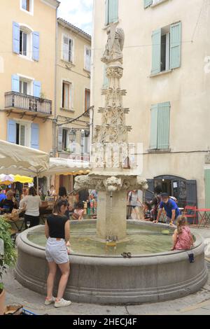 France, Alpes de haute Provence, Parc naturel régional du Luberon, Forcalquier, place Saint Michel, fontaine Saint Michel de style gothique (1512) le jour du marché Banque D'Images