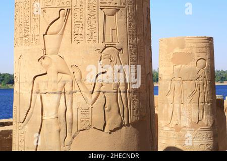 Égypte, haute Égypte, vallée du Nil, Kom Ombo, temple de Sobek et Haroeris, cour, première colonne avec hiéroglyphes et bas-relief représentant Horus (à gauche) et Nephthys (à droite) avec le Nil en arrière-plan Banque D'Images