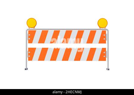 Barrière de route rayée, barre de suspension avec lampes jaunes isolées sur fond blanc.3d rendu Banque D'Images