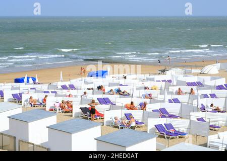 Belgique, Flandre Occidentale, Knokke Heist, plage de Knokke, cabines de plage et transats Banque D'Images