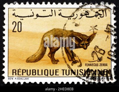 TUNISIE - VERS 1968 : un timbre imprimé en Tunisie montre Desert Fox, Fennecus Zerda, Vulpes Zerda, vers 1968 Banque D'Images