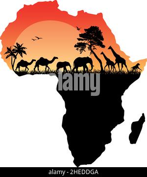 Carte de l'Afrique avec silhouettes d'animaux sauvages, arbres et soleil, illustration vectorielle sur fond blanc Illustration de Vecteur